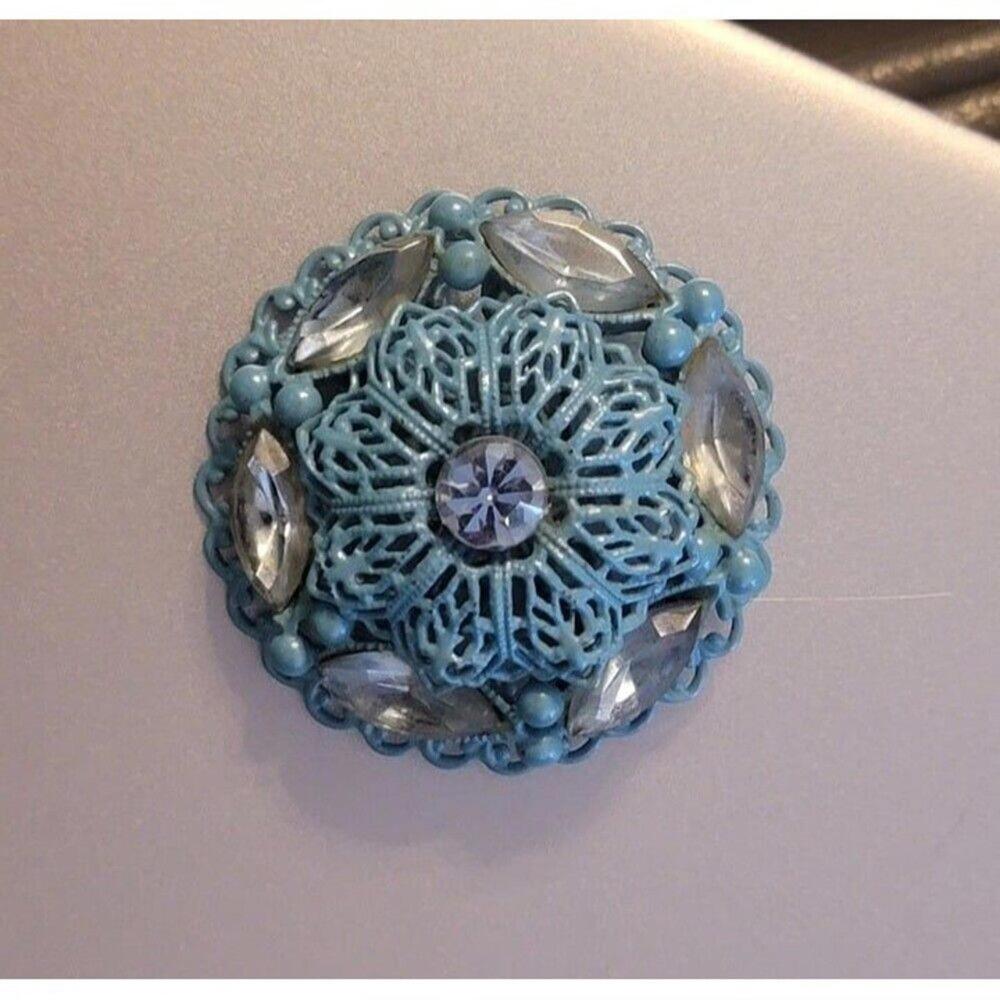 Vintage Blue Metal Clear Rhinestone Dome Brooch